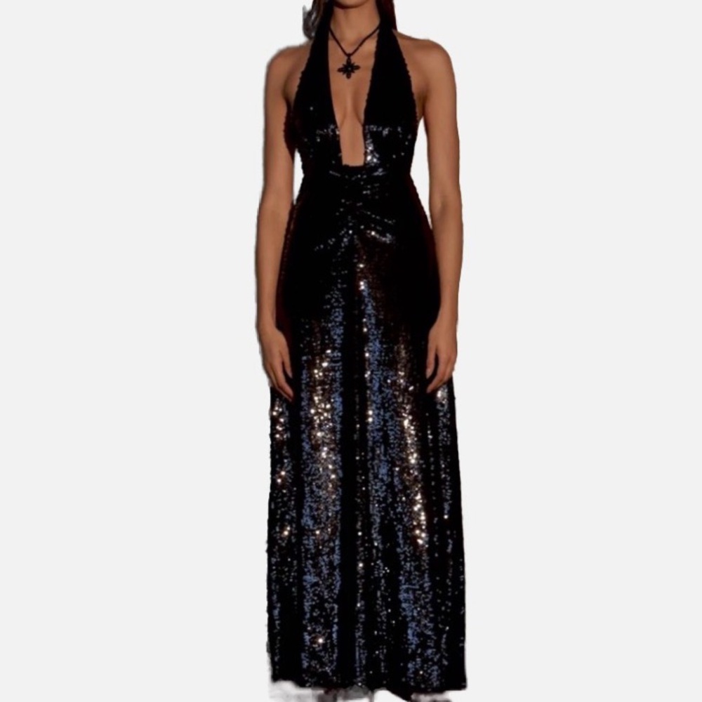 REVOLVE WeWoreWhat Black Sequin Backless Halter Dress Evening Gown